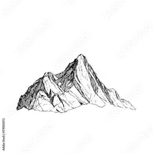 Detailed monochrome sketch of a majestic mountain peak, , showcasing intricate rock formations and textures