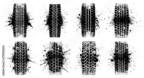 A set of eight grunge tire track illustrations, showcasing various tread patterns and textures for use in automotive and offroad designs