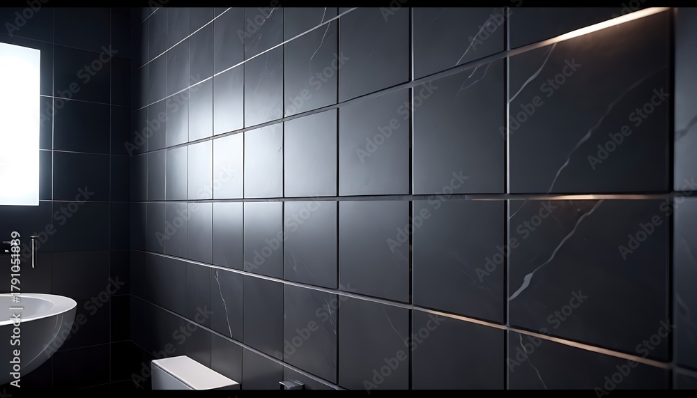Obraz premium Matte black bathroom tiles with soft paneling and marble veins, modern minimalism and premium aesthetics