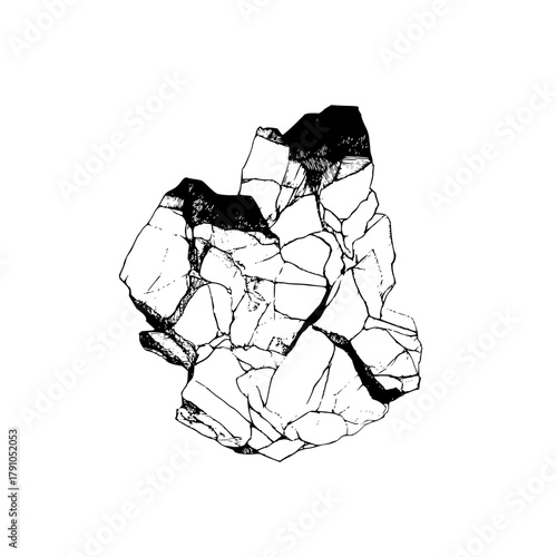 Monochrome illustration of a jagged rock formation with sharp edges detailed ink drawing of stone