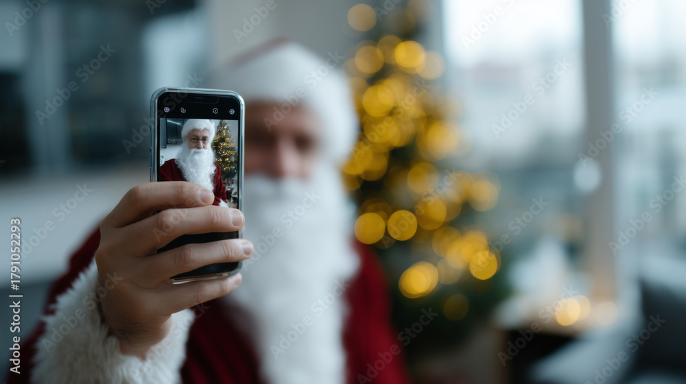 Fototapeta premium A realistic night scene showing Santa Claus appearing inside a smartphone screen, as if captured in augmented reality. The background features a softly lit Christmas tree, warm gol