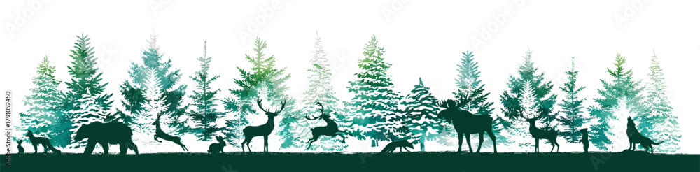 Naklejka premium Animals in the forest abstract. Hand drawn. Not AI, vector illustration.