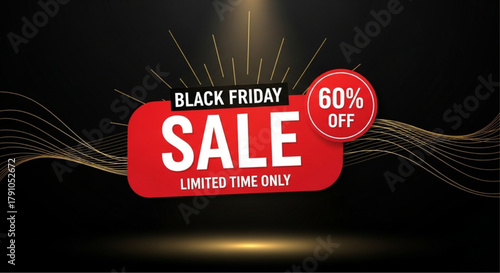 Black Friday Sale Banner with golden light background design. A striking banner graphic showcasing the highly anticipated sale event, against a luxurious background. vector illustration
