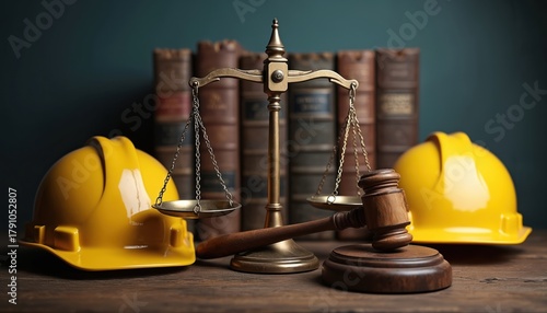 Gavel, scales, hard hats, law books, represent construction site liability, safety rules, legal compliance. Illustration shows law in construction industry, labor rights, workplace accidents, justice.