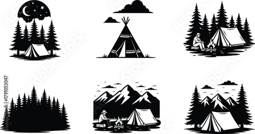 Camping tent landscape vector illustration, mountain forest adventure scene, wilderness travel artwork, outdoor nature design, hiking night campfire silhouette graphic