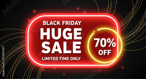 A vibrant Black Friday sale graphic, highlighting an irresistible offer of 70% off with a radiant neon glow, perfect for grabbing attention and driving sales. vector illustration