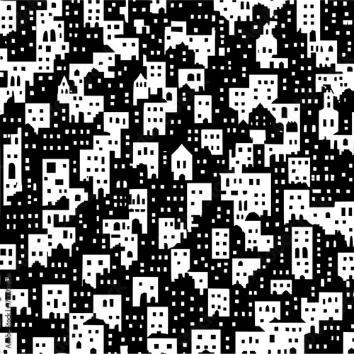 Seamless pattern of densely packed city buildings creates a vibrant and bustling urban landscape, perfect for backgrounds