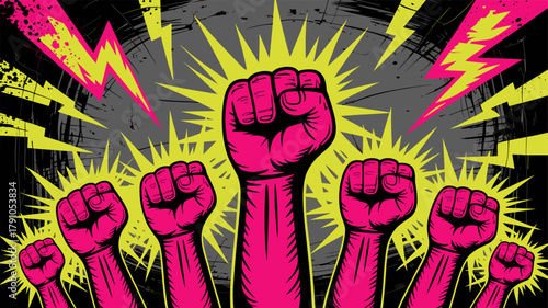 Five raised fists represent unity and empowerment against a backdrop of striking visual elements.