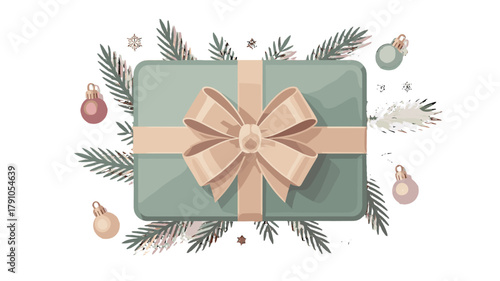 A beautifully wrapped gift with ribbon and decorative ornaments.