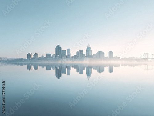 Serene cityscape reflection. Calm water mirroring urban skyline at dawn. Ideal for finance, real estate, or travel themes. Evokes peace, potential, growth.