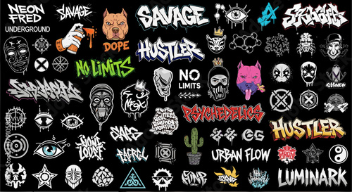 Collection of various monochrome designs featuring abstract symbols, graffiti elements, and artistic illustrations for diverse creative projects on