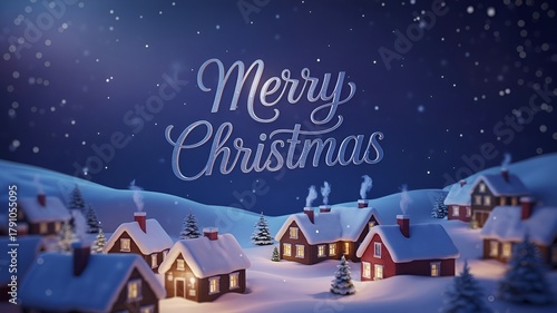 A festive holiday scene displaying the words Merry Christmas above a charming winter village.