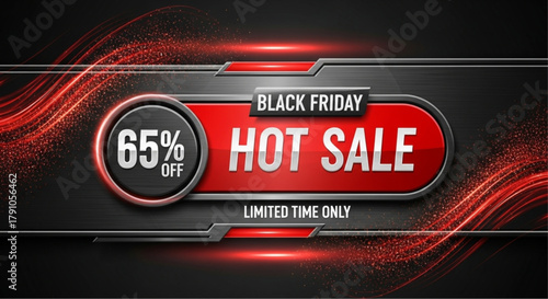 A striking Black Friday hot sale banner, showcasing a 65% off deal with a modern design and dynamic red accents, capturing the essence of limited-time savings. vector illustration