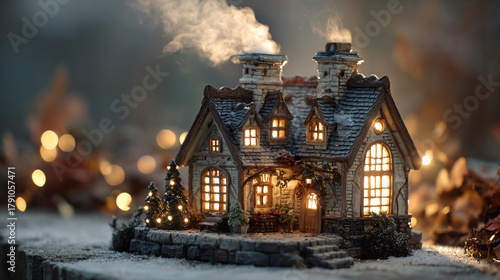 Fototapeta Naklejka Na Ścianę i Meble -  Christmas small house with chimney smoke and lights 