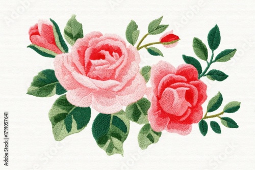 Vintage inspired embroidery pattern featuring beautiful pink roses and green leaves, showcasing intricate stitching and floral design elements with copy space for text