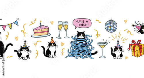 Festive seamless border with cute cats, party decorations, and confetti birthday celebration and fun concept vector illustration