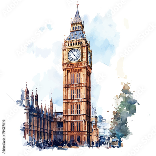 Big Ben Houses Of Parliament, watercolor drawing vector, isolated on a white background.