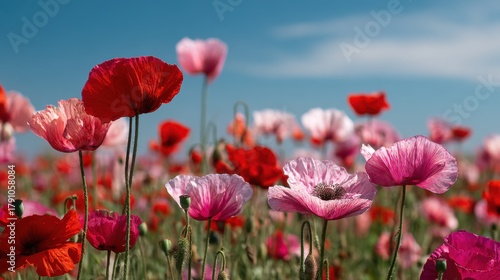 Fototapeta Naklejka Na Ścianę i Meble -  Stunning photo of field of vibrant red and pink poppies blooming under a clear blue sky.