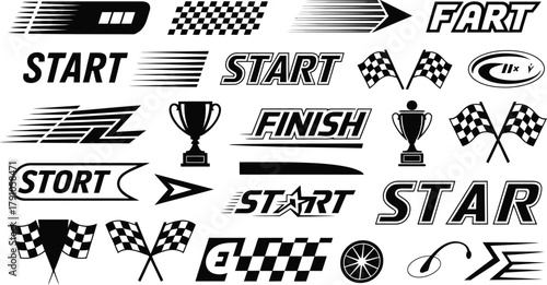 Racing competition speed start finish flags trophies vector icons