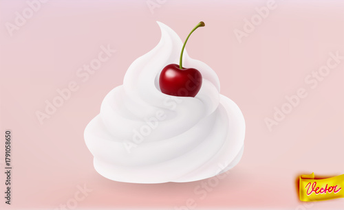 Realistic whipped cream swirl with cherry on top. Delicious dessert design for pastry, bakery, cafe menu, sweets packaging, and food decoration