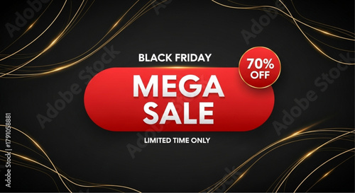 Dynamic black friday mega sale announcement design, perfect for promotions and marketing campaigns. Captivating golden accents create a visual spectacle of discount.  vector illustration