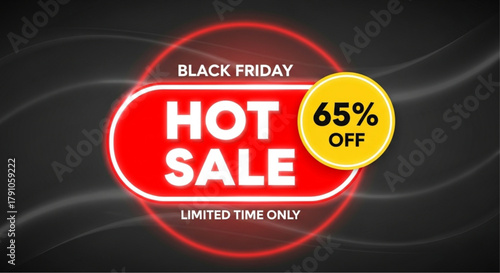 Black Friday Hot Sale with 65% off, a radiant marketing design that is tailored to grab attention, designed with vivid typography and a clear message. vector illustration