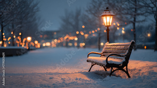 Fototapeta Naklejka Na Ścianę i Meble -  Christmas snow-covered bench by glowing streetlight 