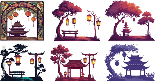 Asian temple landscape silhouettes with lanterns, sunset scenery, traditional Japanese and Chinese architecture art, oriental garden illustration, cultural heritage design