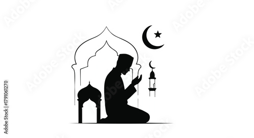 Silhouette of a man praying during Ramadan, with crescent moon and lantern symbolizing faith and devotion.