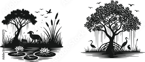 Wetland wildlife silhouette with herons, lotus flowers, reeds and mangrove trees, nature landscape reflection illustration