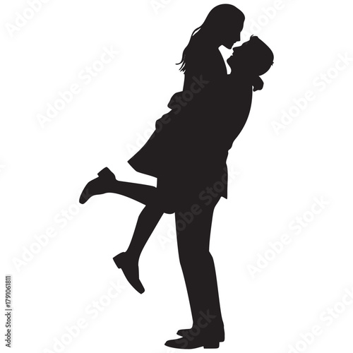 Romantic embrace of a couple, the man holding the woman in his arms, a silhouette of love and affection, timeless romance, wedding design concept