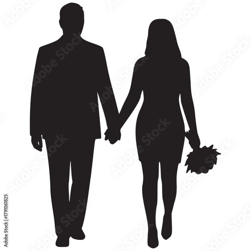Elegant silhouette of a newlywed couple holding hands and walking together, symbolizing love, commitment, and a bright future after their wedding ceremony
