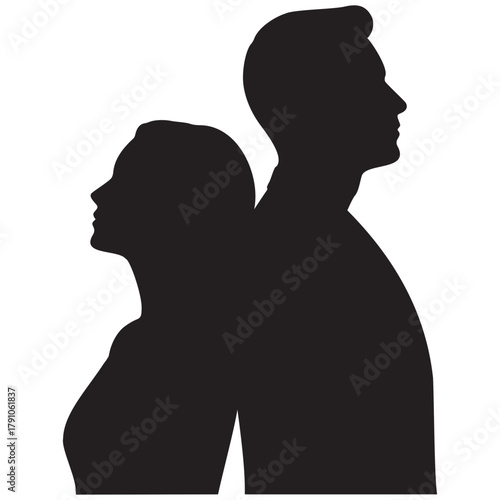Silhouette of a man and woman standing back to back, symbolizing relationship challenges, separation, disagreement, or introspective contemplation in vector form