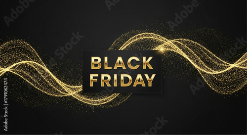 Captivating Black Friday promotion, an elegant display with the words Black Friday set against a stunning abstract golden wave and a dark background. vector illustration