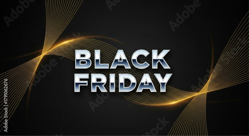 A sleek, modern composition proclaims Black Friday in bold, gleaming typography. The dynamic design, with its elegant golden wave. vector illustration