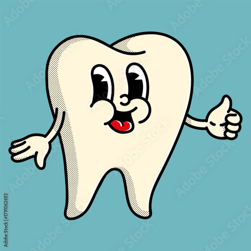 Vibrant 70s-style tooth character - perfect for orthodontist clinics and dental product branding