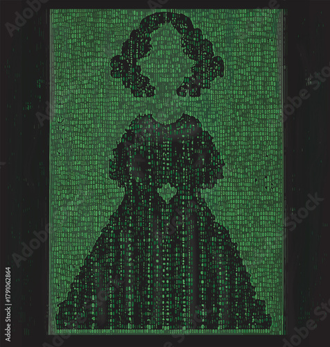 Artwork showing a silhouette of a woman in a dress with overlay of glowing green computer binary code - Ada Lovelace (1815-1852) appreciation.
