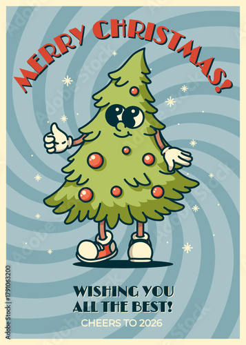 Vintage fluffy tree mascot Christmas card with ornaments and glitter jolly greeting for new year 2026 celebrations
