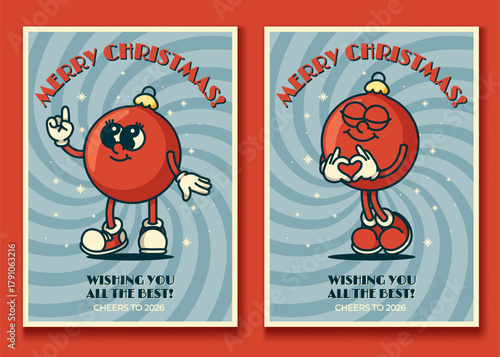 Vintage Christmas card set with red ornament mascots jolly tis the season design with snowflakes and glitter