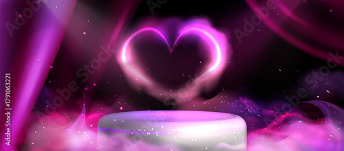 Ethereal  Heart Stage with Glowing Pedestal.Glamorous podium in a Dreamy Pink and Purple Setting with purple luxurious silk draperies for interior decoration. Pink smoke background with neon particles