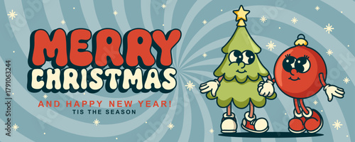 Tree and ornament mascot retro Christmas banner design for website header or promo flyer