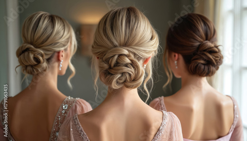 Three women with elegant updos show their backs. They wear beautiful dresses with intricate details. Formal event portrait of fashion models with stylish hairstyles in a soft setting.