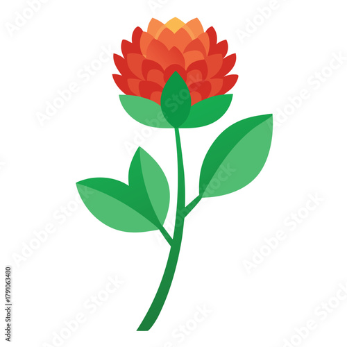 Stylized red and orange flower with green leaves