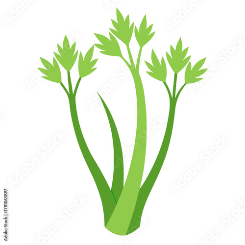 Stylized green celery stalks with leaves on black background