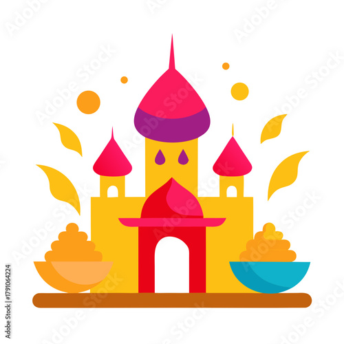 Colorful indian palace with festive decorations and food offerings