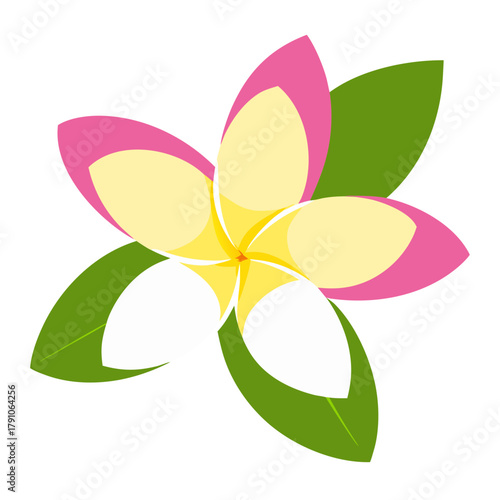 Stylized plumeria flower with pink and yellow petals and green leaves