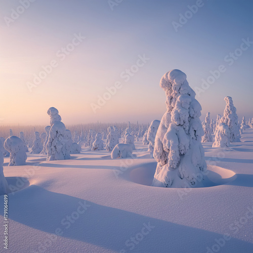 Frost-laden spruce trees sculpted by wind and ice rise from smooth snowdrifts at sunrise in the Arctic forest. Soft pastel light, long blue shadows, and untouched snow create a serene, otherworldly sc