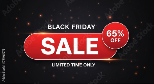 Black Friday sale banner with a vibrant red label against a dark background, offering a limited-time discount of 65%. Perfect for advertising special offers and promotions. vector illustration