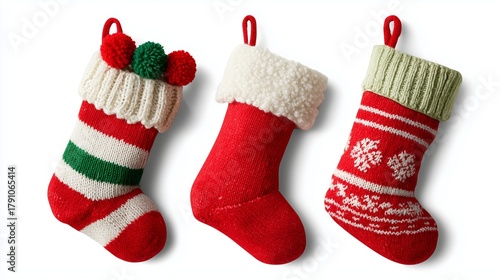 A hyper realistic, festive studio photograph showcases three distinct Christmas stockings, each with its unique design, arranged horizontally against a pure, seamless white background 