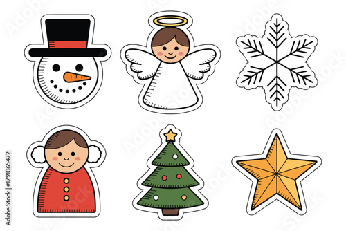 A charming collection of six festive Christmas-themed icons including a snowman, angel, snowflake, child figure, decorated tree, and a star.